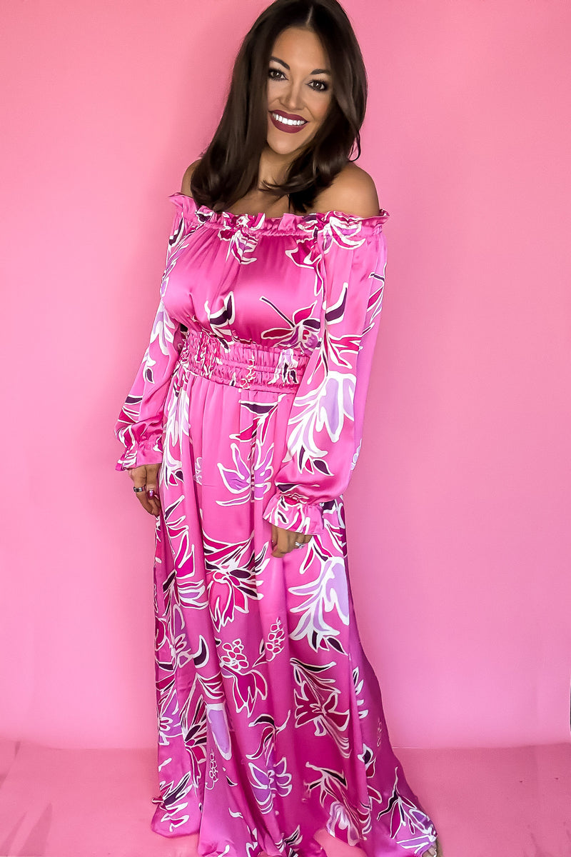 Hot Pink Off Shoulder Floral Print Maxi Dress