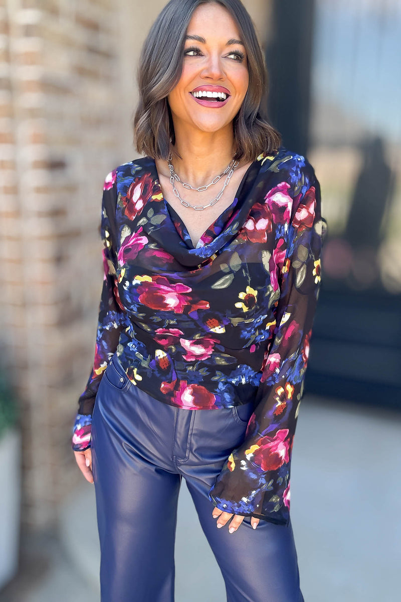 Le Lis Long Sleeve Cowl Neck Floral Printed Top