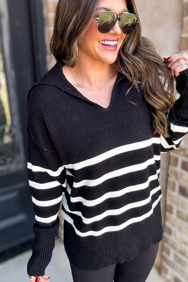 Black Striped Sailor Collar Neck Knit Sweater