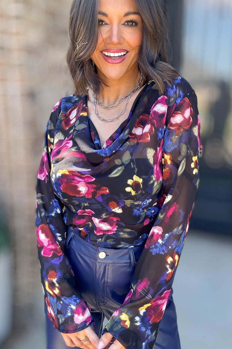 Le Lis Long Sleeve Cowl Neck Floral Printed Top