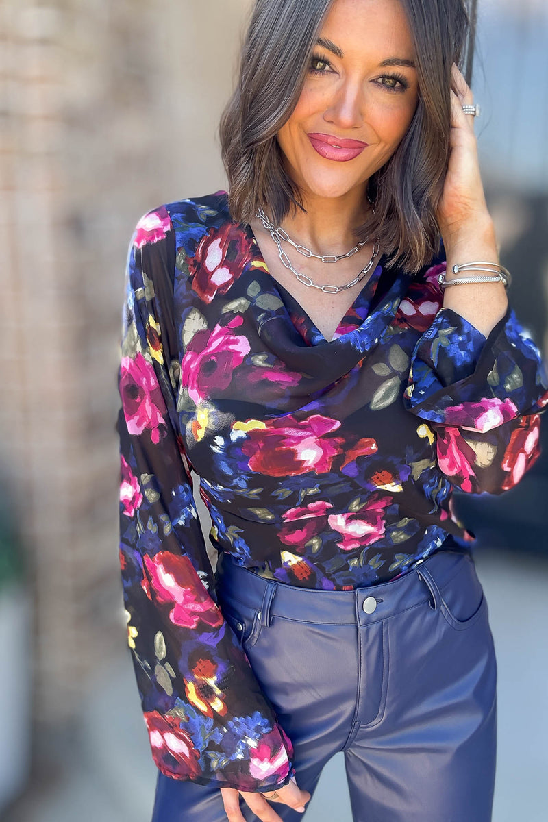 Le Lis Long Sleeve Cowl Neck Floral Printed Top