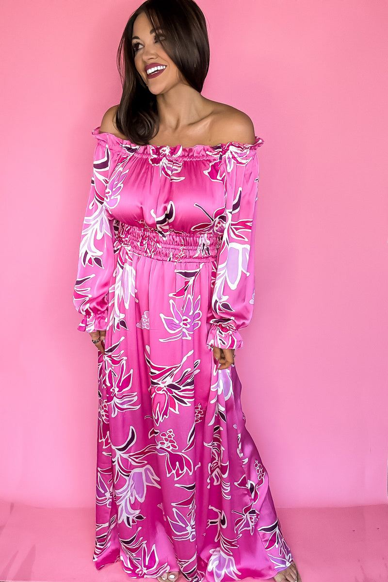 Hot Pink Off Shoulder Floral Print Maxi Dress