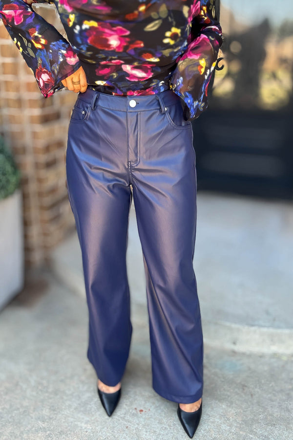 Le Lis Blue High Waist Faux Leather Long Pants