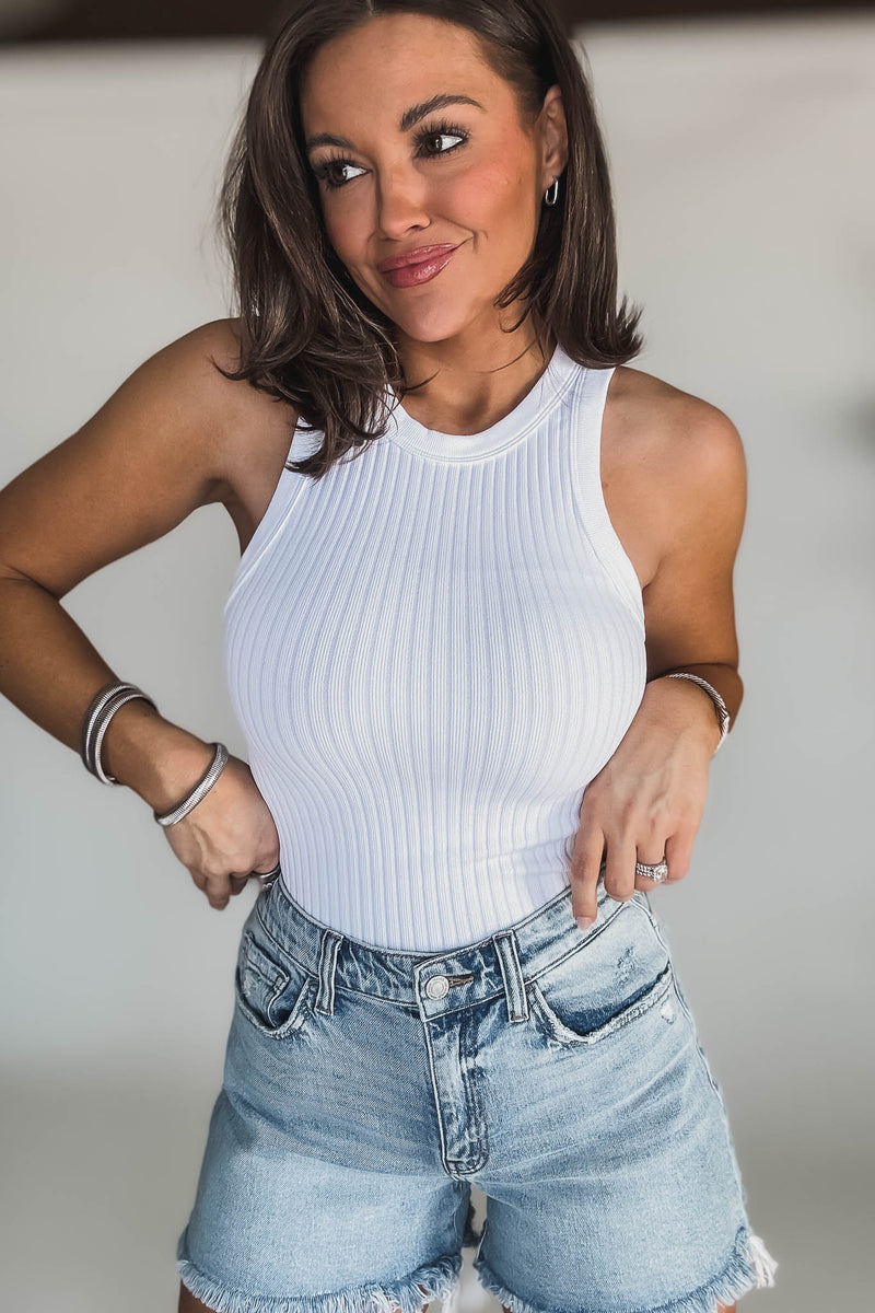 Seamless White Ribbed Tank Top