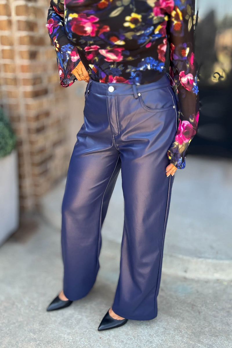 Le Lis Blue High Waist Faux Leather Long Pants