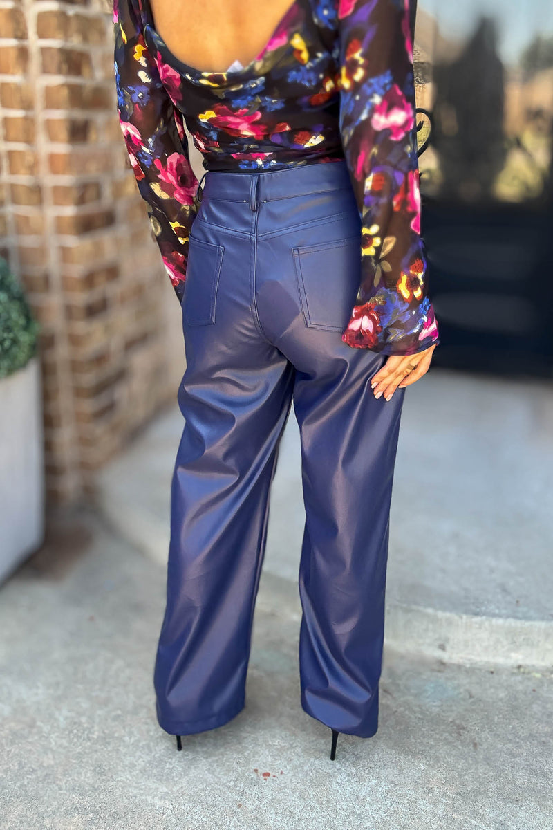 Le Lis Blue High Waist Faux Leather Long Pants