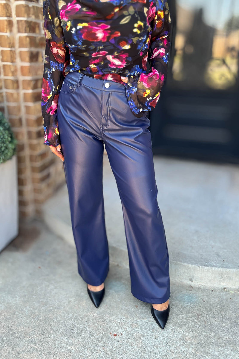 Le Lis Blue High Waist Faux Leather Long Pants