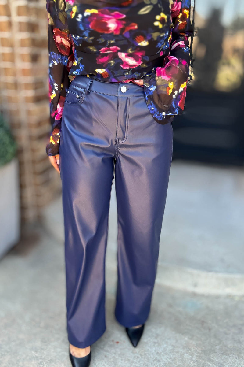 Le Lis Blue High Waist Faux Leather Long Pants