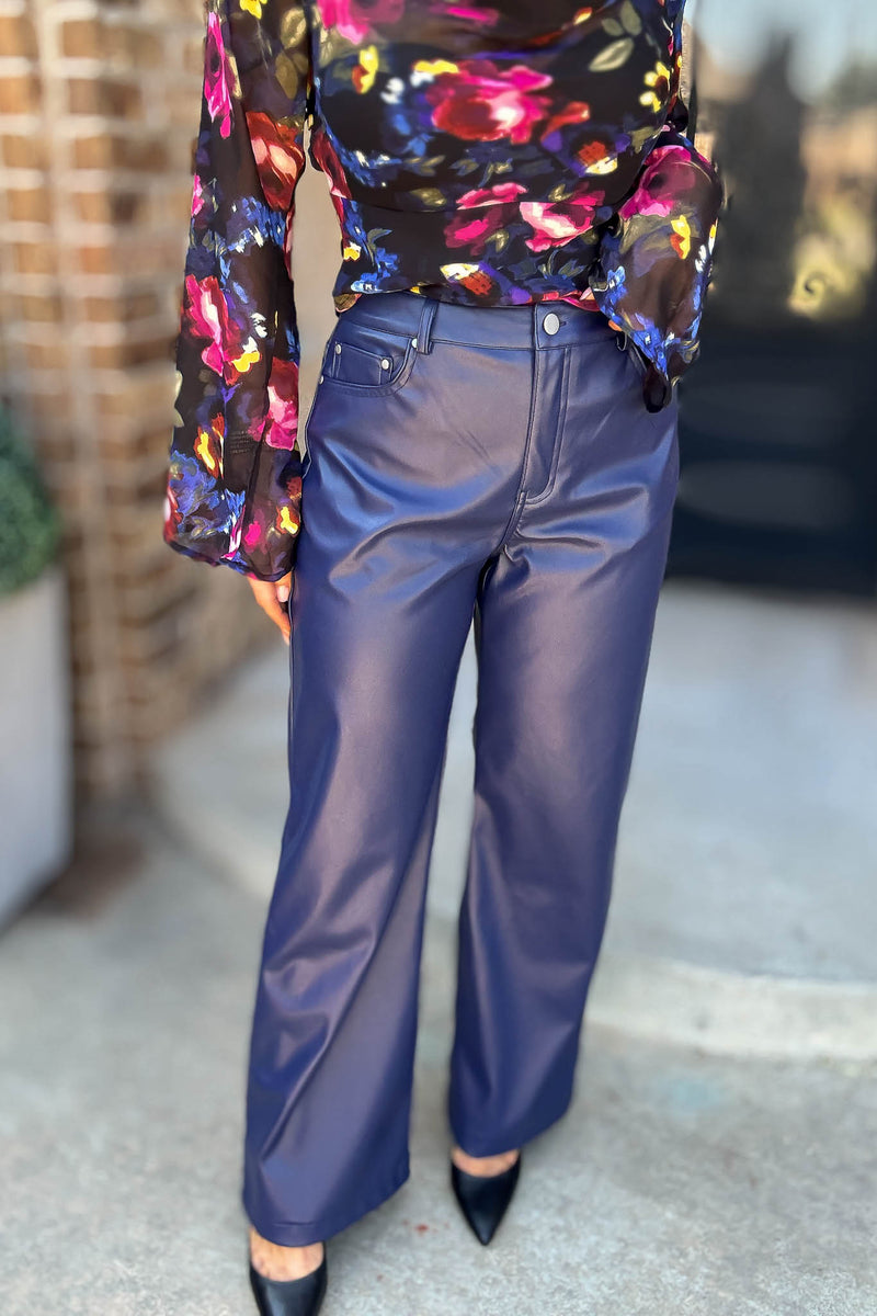 Le Lis Blue High Waist Faux Leather Long Pants