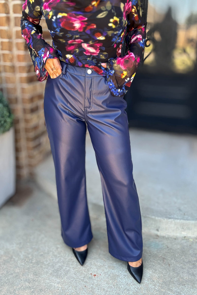 Le Lis Blue High Waist Faux Leather Long Pants