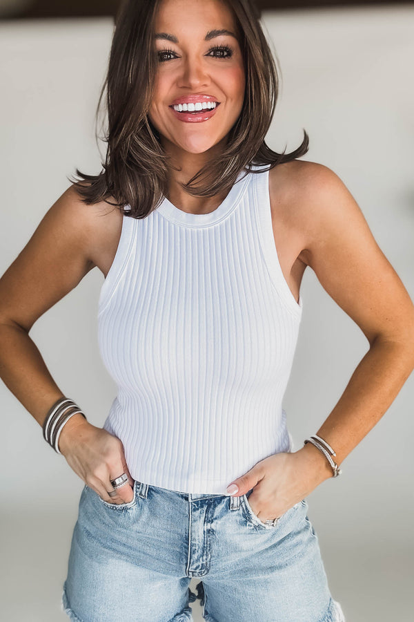 Seamless White Ribbed Tank Top