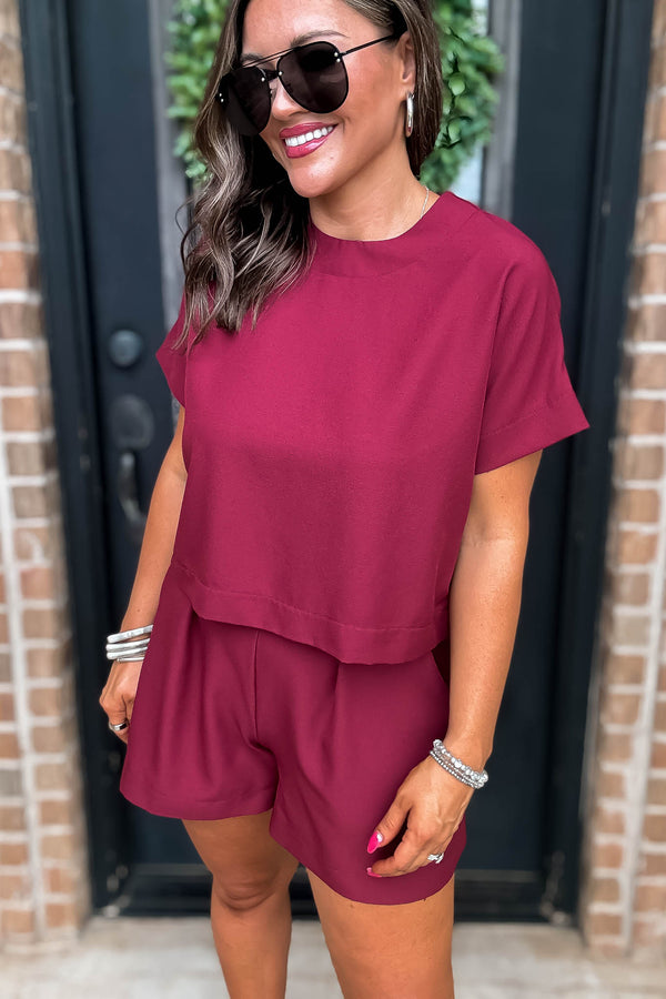 Everyday Radiance Solid Burgundy Short Sleeve Top