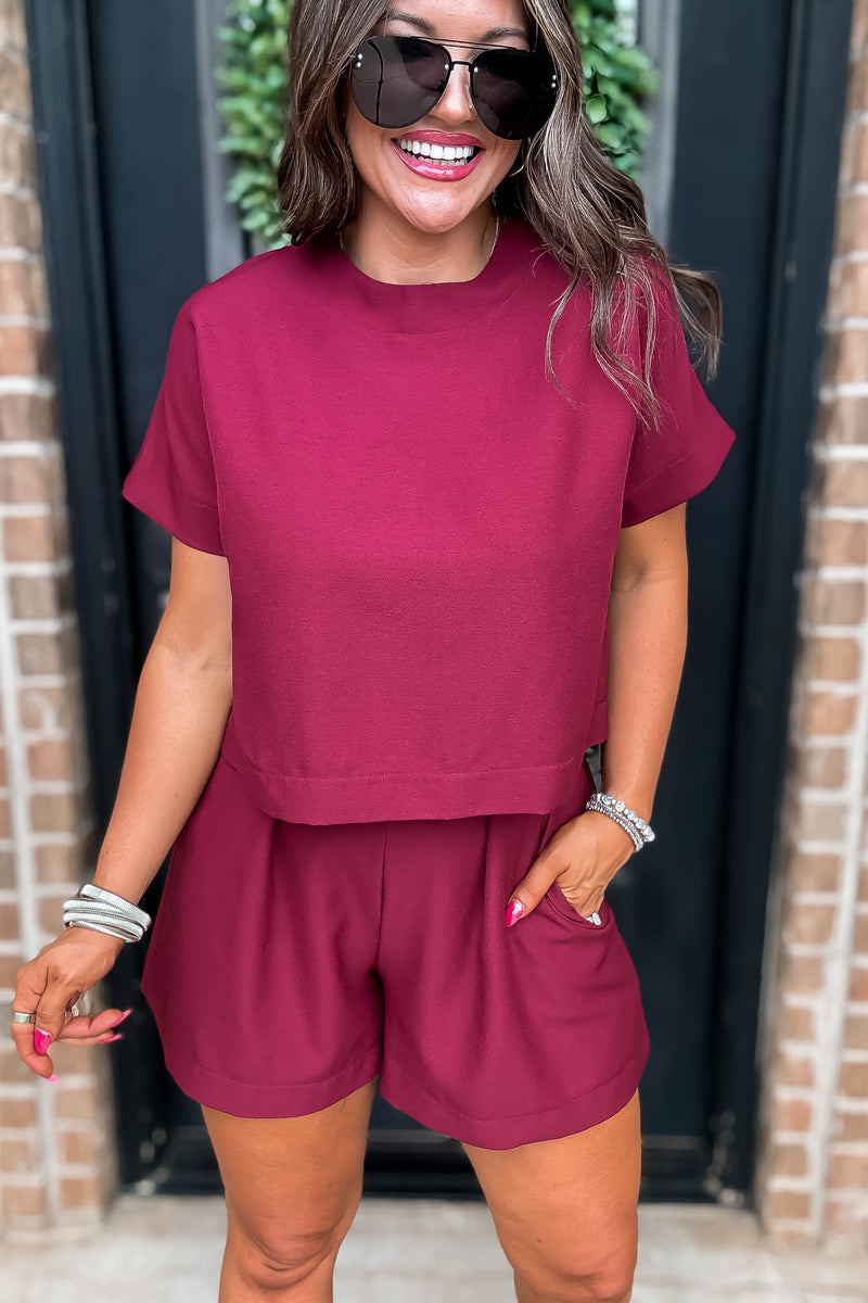 Everyday Radiance Solid Burgundy Short Sleeve Top