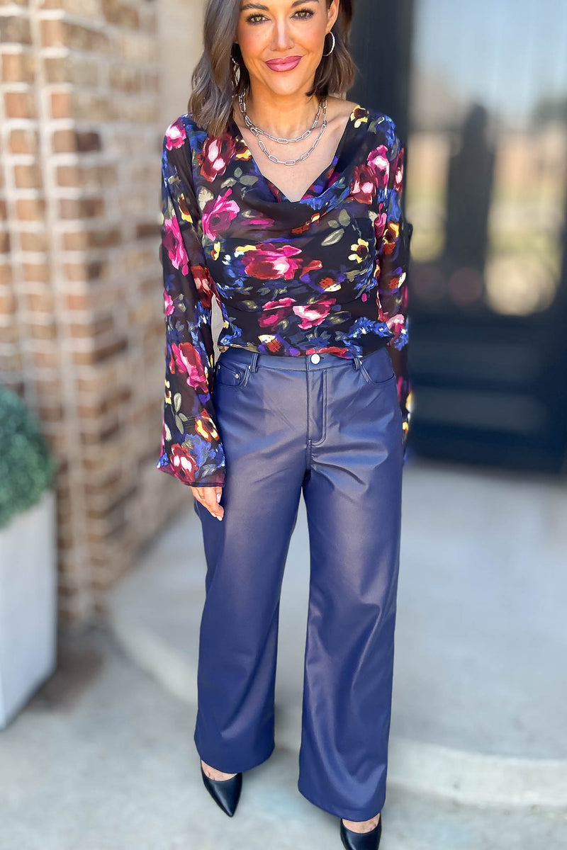 Le Lis Blue High Waist Faux Leather Long Pants