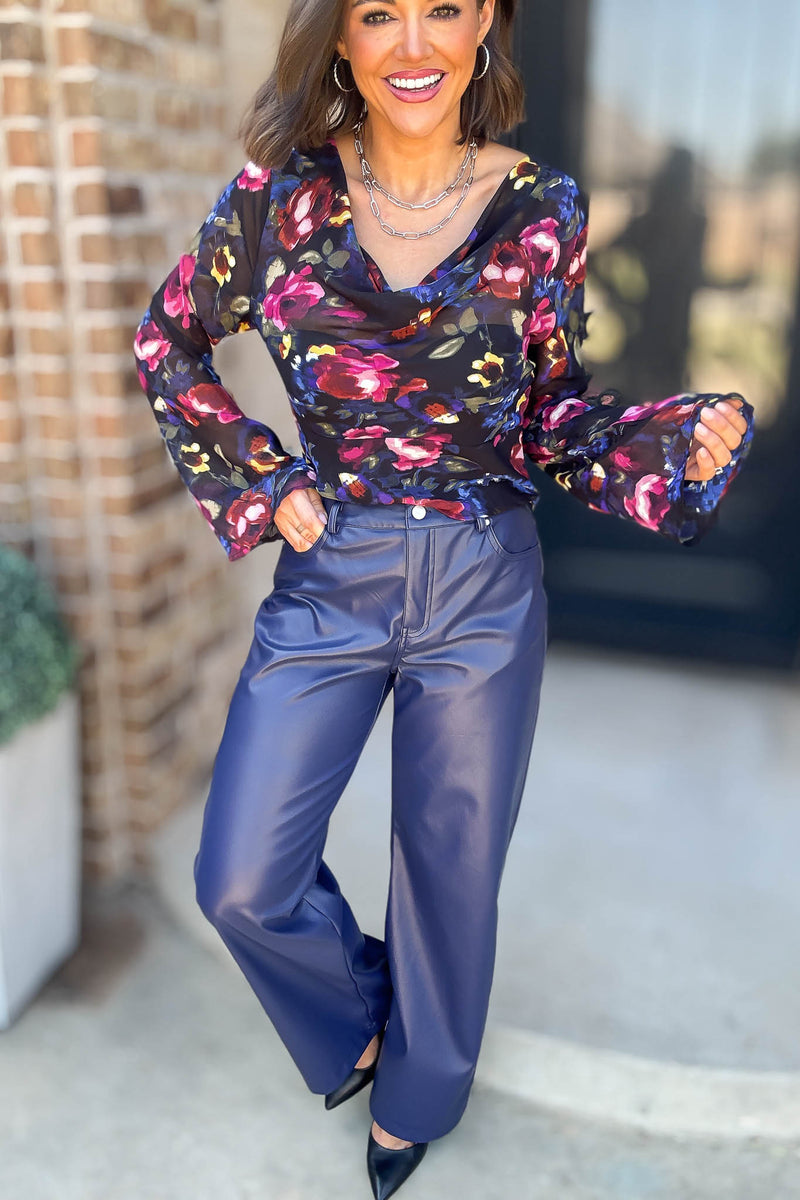 Le Lis Blue High Waist Faux Leather Long Pants