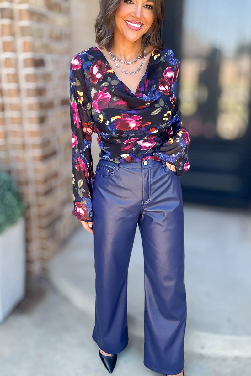 Le Lis Blue High Waist Faux Leather Long Pants