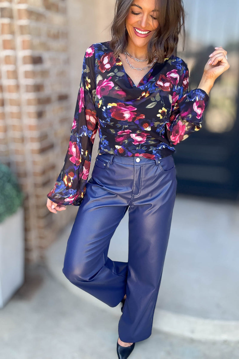 Le Lis Blue High Waist Faux Leather Long Pants