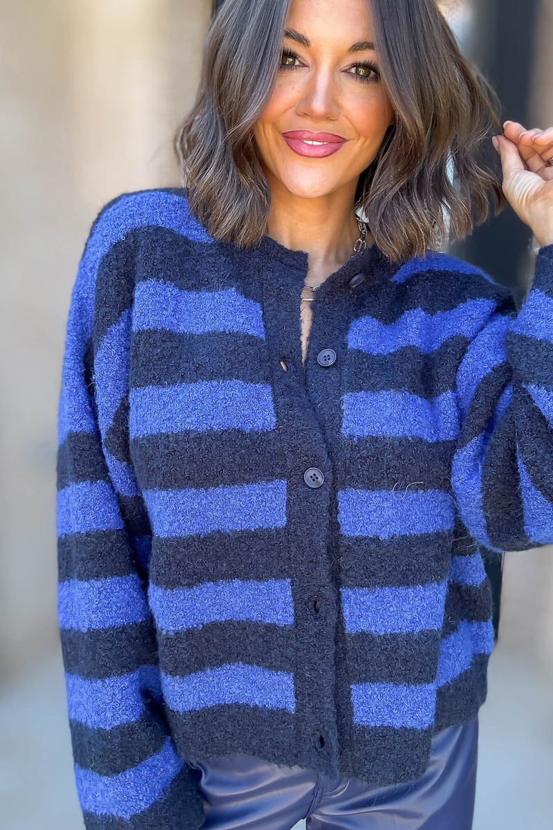 Le Lis Blue And Navy Round Neck Fuzzy Boucle Sweater Cardigan