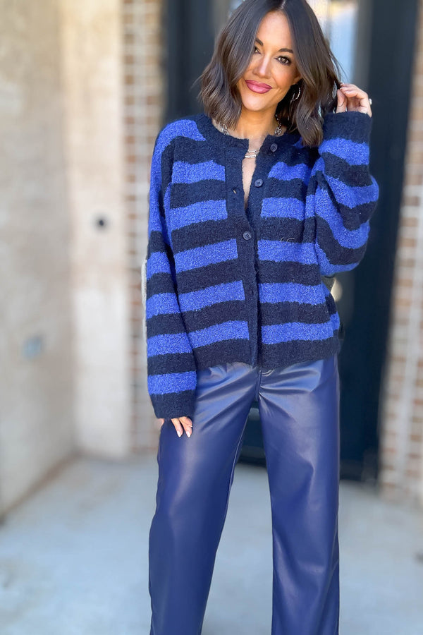Le Lis Blue And Navy Round Neck Fuzzy Boucle Sweater Cardigan