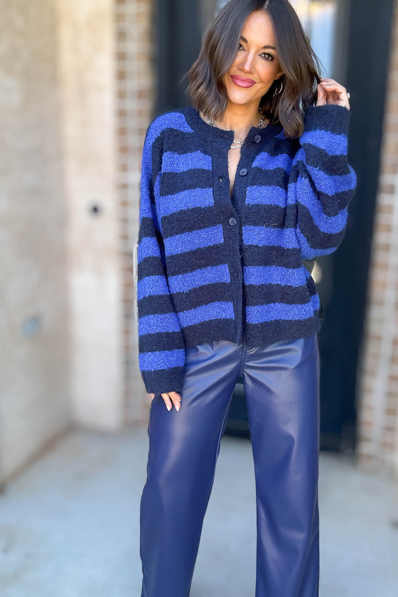 Le Lis Blue And Navy Round Neck Fuzzy Boucle Sweater Cardigan