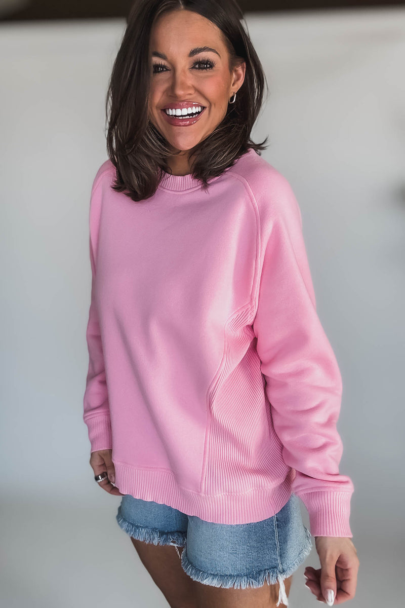 Gracie Dark Pink Fleece Round Neck Ribbed Side Raglan Sweatshirt