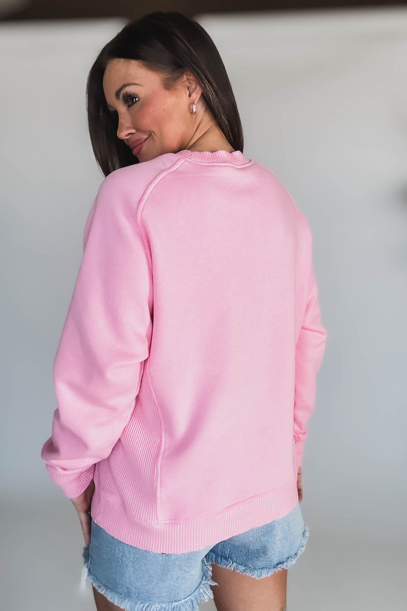 Gracie Dark Pink Fleece Round Neck Ribbed Side Raglan Sweatshirt