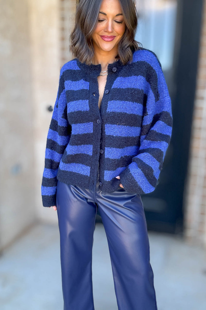 Le Lis Blue And Navy Round Neck Fuzzy Boucle Sweater Cardigan