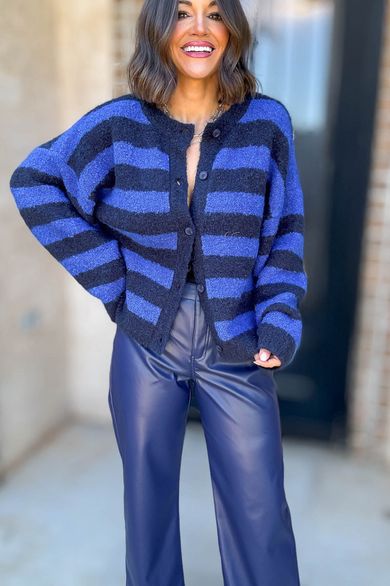 Le Lis Blue And Navy Round Neck Fuzzy Boucle Sweater Cardigan
