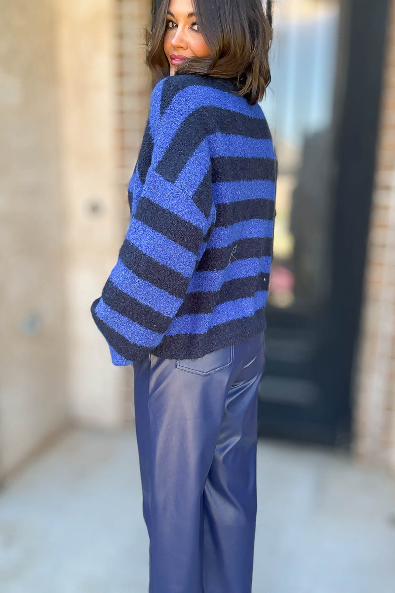 Le Lis Blue And Navy Round Neck Fuzzy Boucle Sweater Cardigan