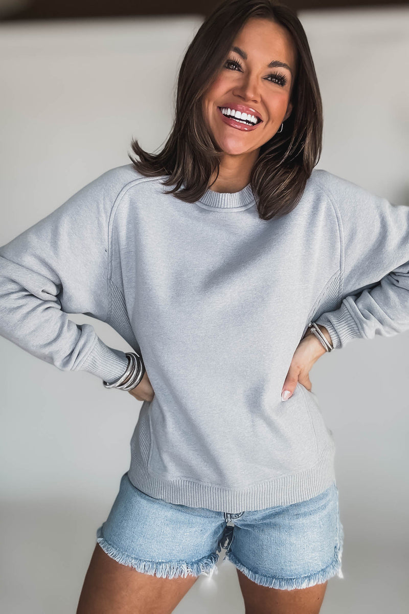 Gracie Heather Grey Fleece Round Neck Ribbed Side Raglan Sweatshirt