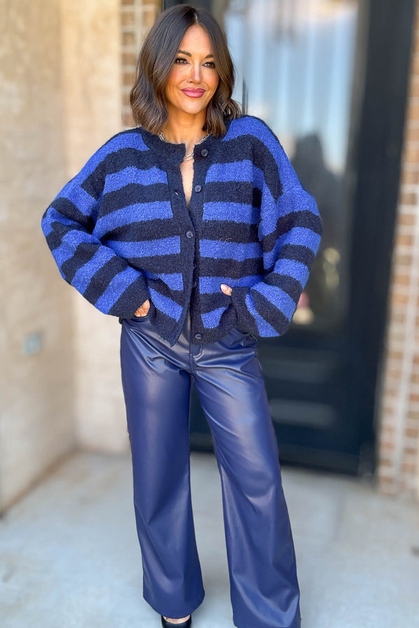 Le Lis Blue And Navy Round Neck Fuzzy Boucle Sweater Cardigan