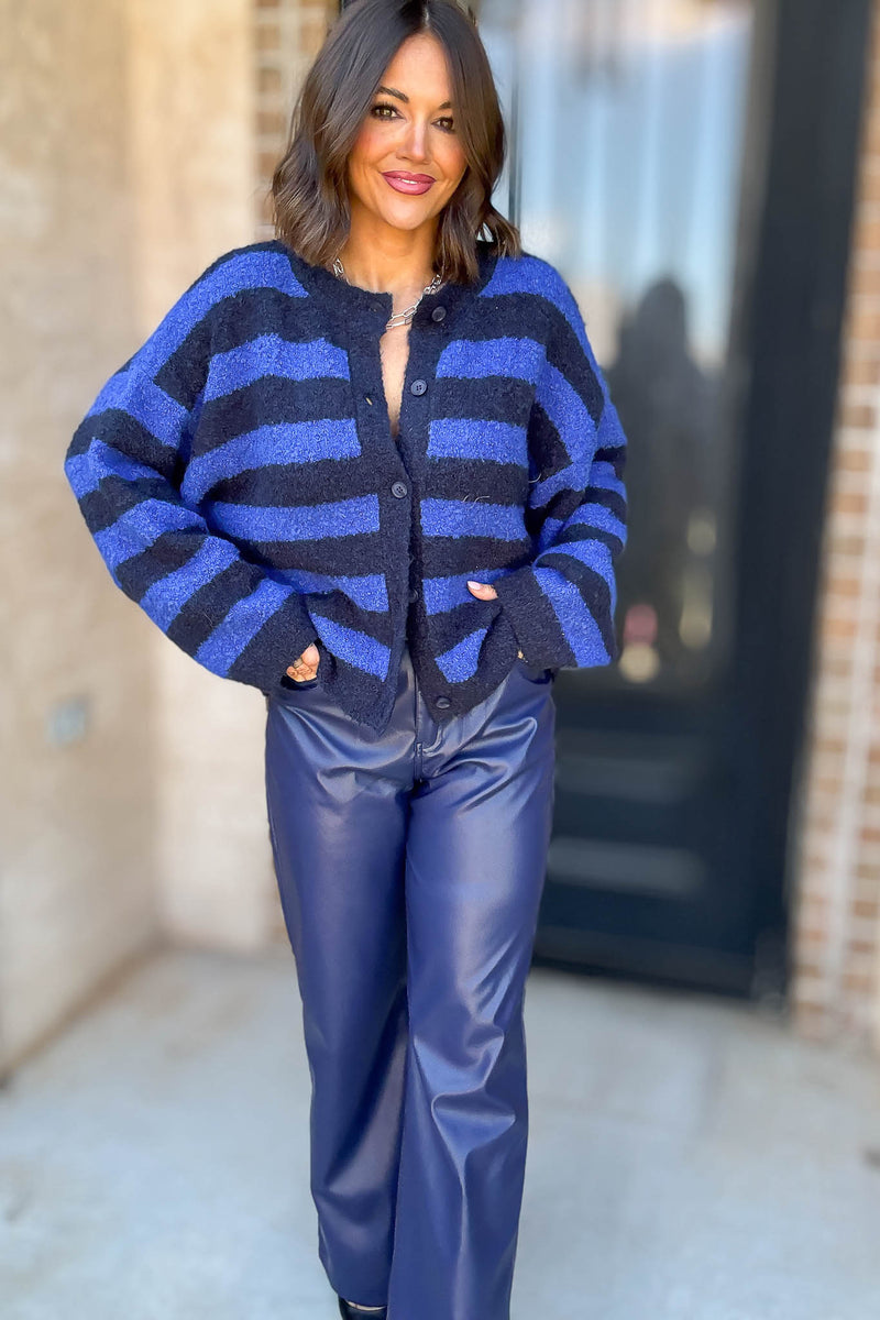 Le Lis Blue And Navy Round Neck Fuzzy Boucle Sweater Cardigan