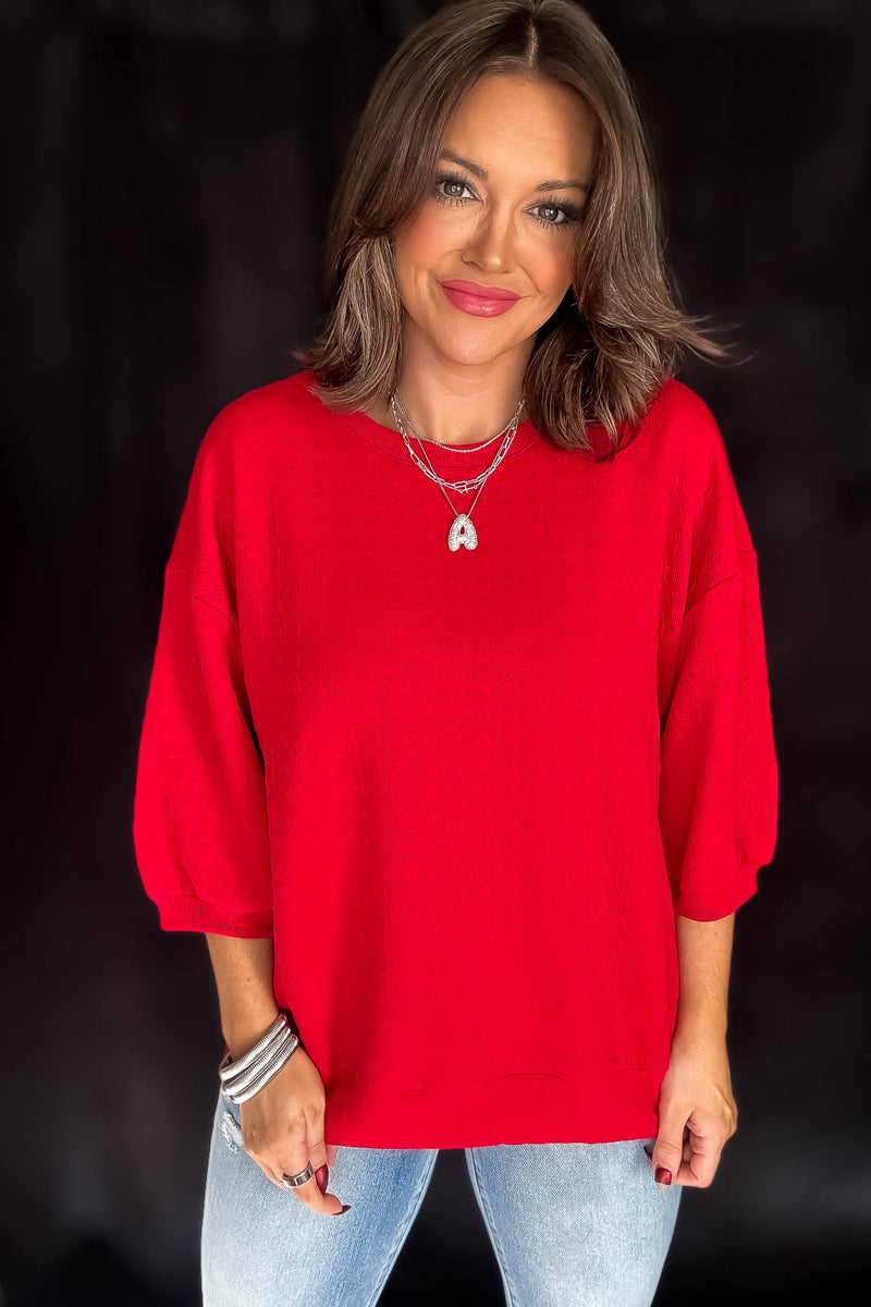 Comfy Red Textured Oversized Top