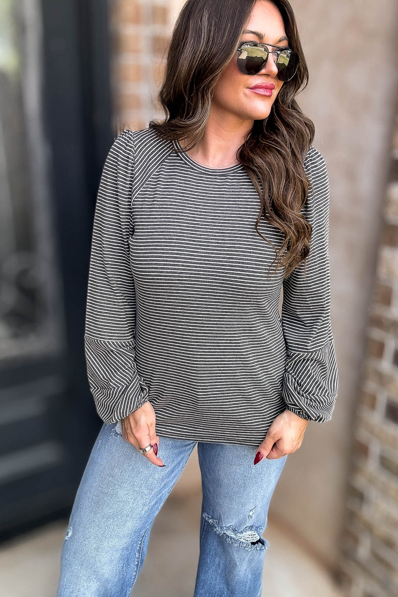 Charcoal Round Neck Bubble Long Sleeve Striped Top
