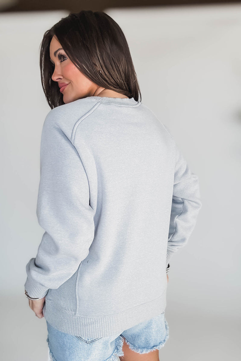 Gracie Heather Grey Fleece Round Neck Ribbed Side Raglan Sweatshirt