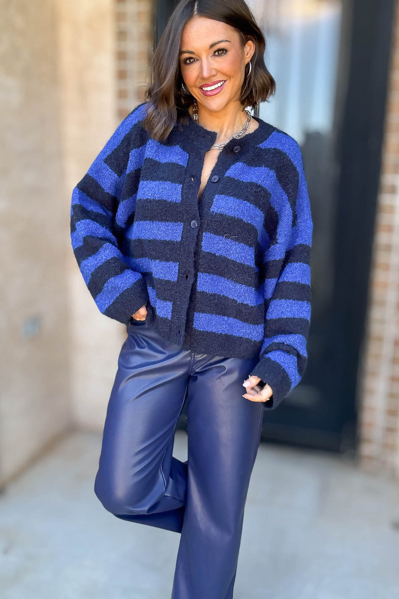 Le Lis Blue And Navy Round Neck Fuzzy Boucle Sweater Cardigan