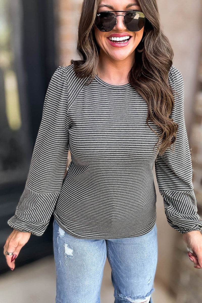 Charcoal Round Neck Bubble Long Sleeve Striped Top