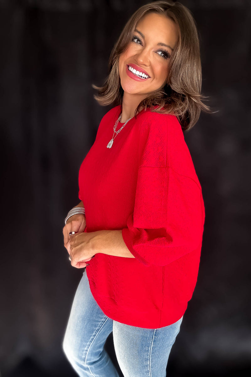 Comfy Red Textured Oversized Top