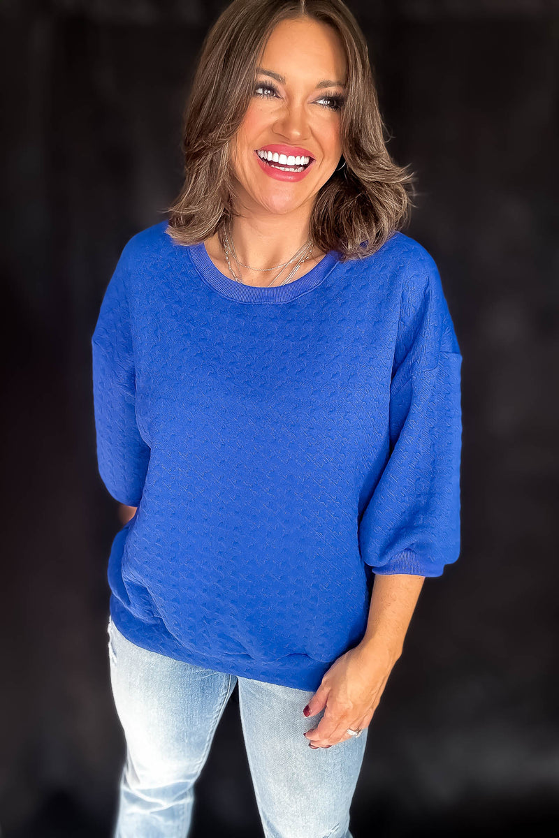 Comfy Royal Blue Textured Oversized Top