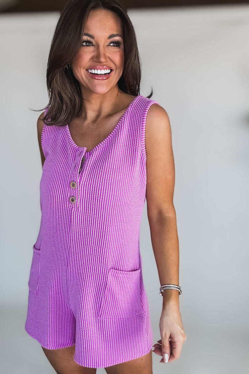 Corded Lavender Rib Sleeveless Romper With Pockets