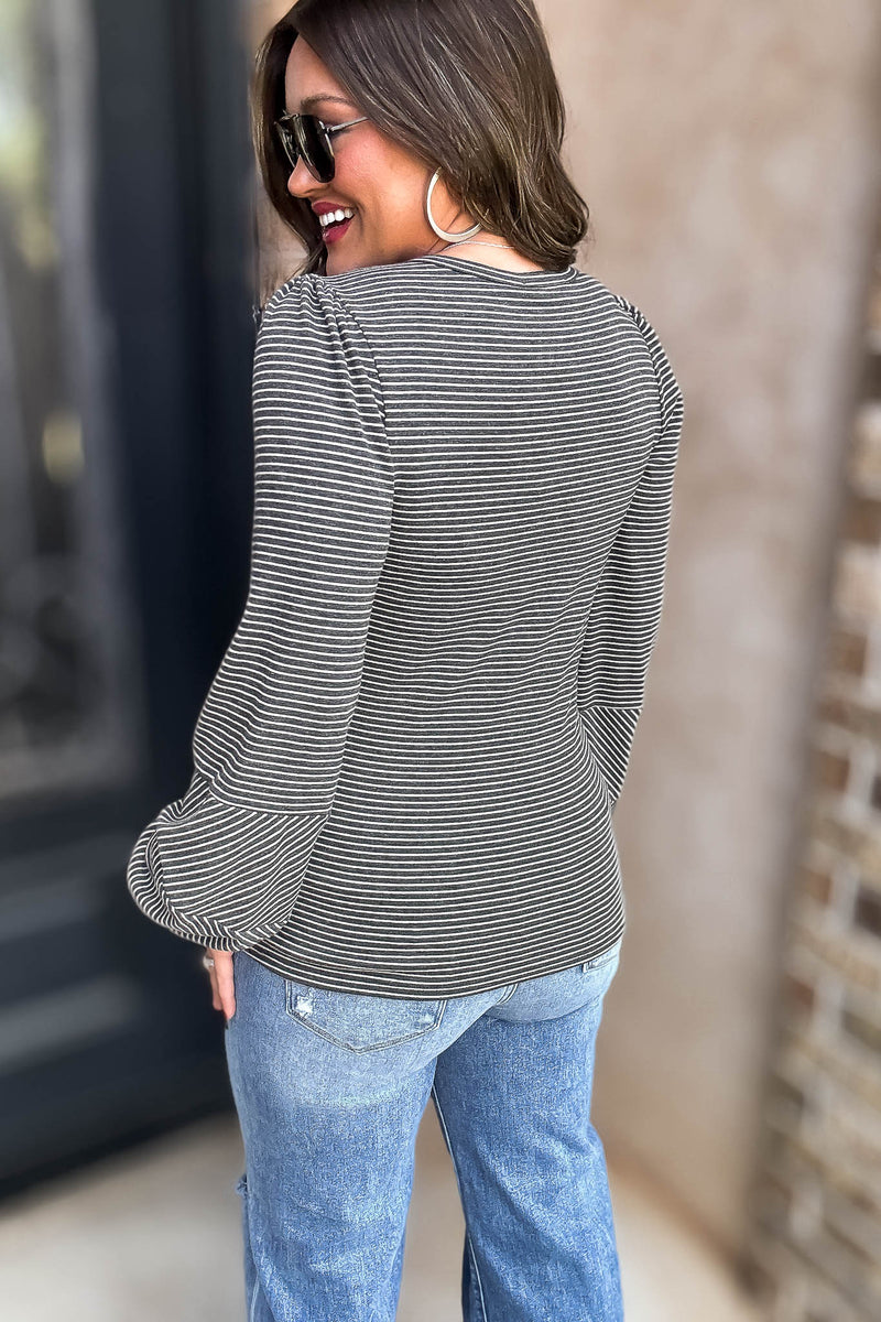 Charcoal Round Neck Bubble Long Sleeve Striped Top