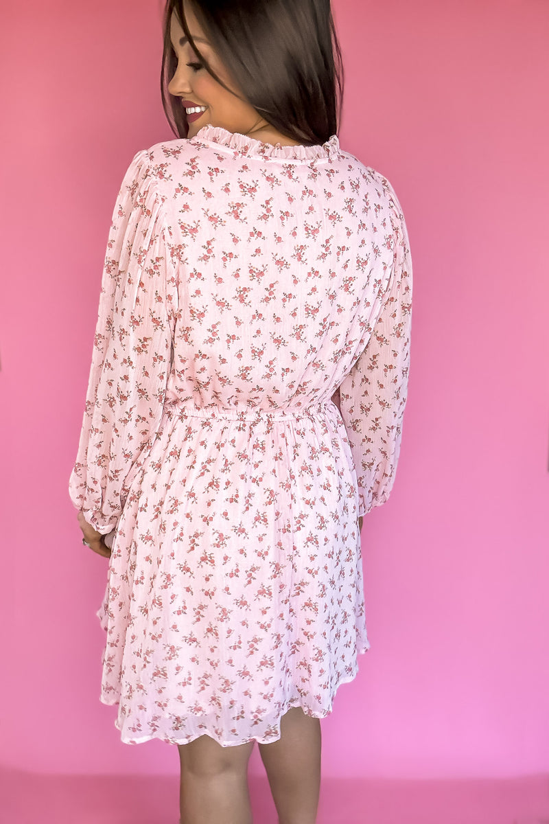 Dusty Pink Floral Print Puff Sleeves Dress