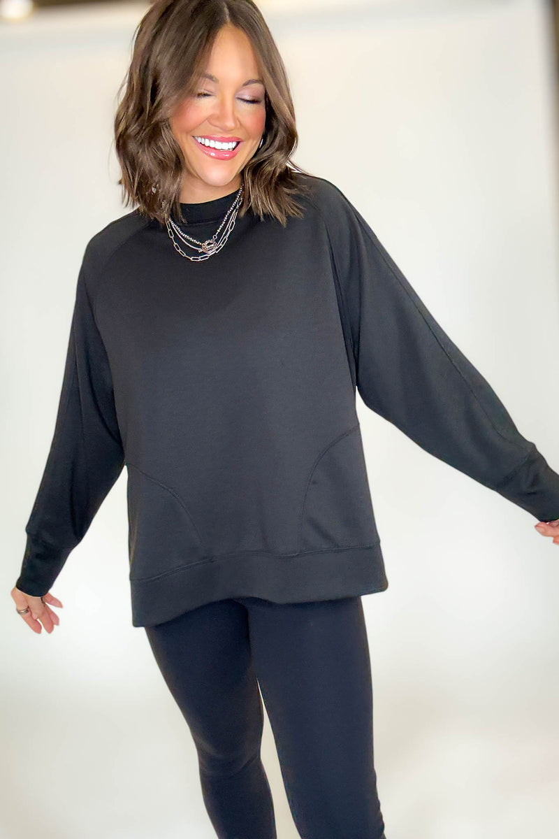 Black Scuba Round Neck Pullover With Side Slits