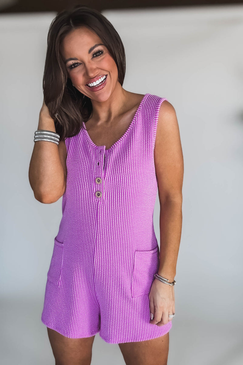 Corded Lavender Rib Sleeveless Romper With Pockets