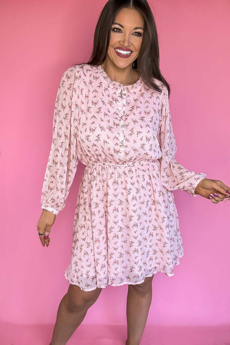 Dusty Pink Floral Print Puff Sleeves Dress