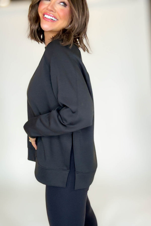 Black Scuba Round Neck Pullover With Side Slits