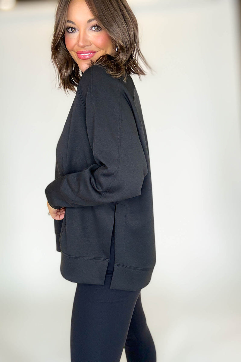Black Scuba Round Neck Pullover With Side Slits