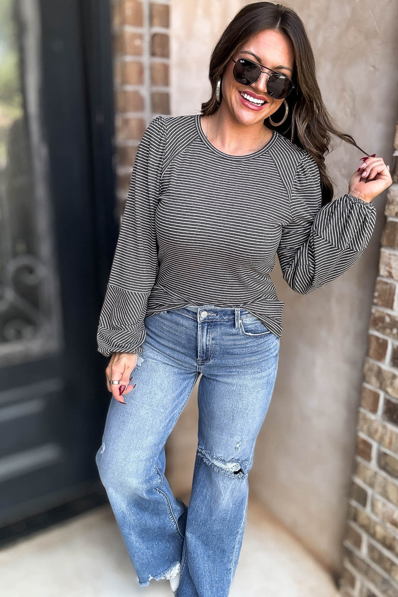 Charcoal Round Neck Bubble Long Sleeve Striped Top