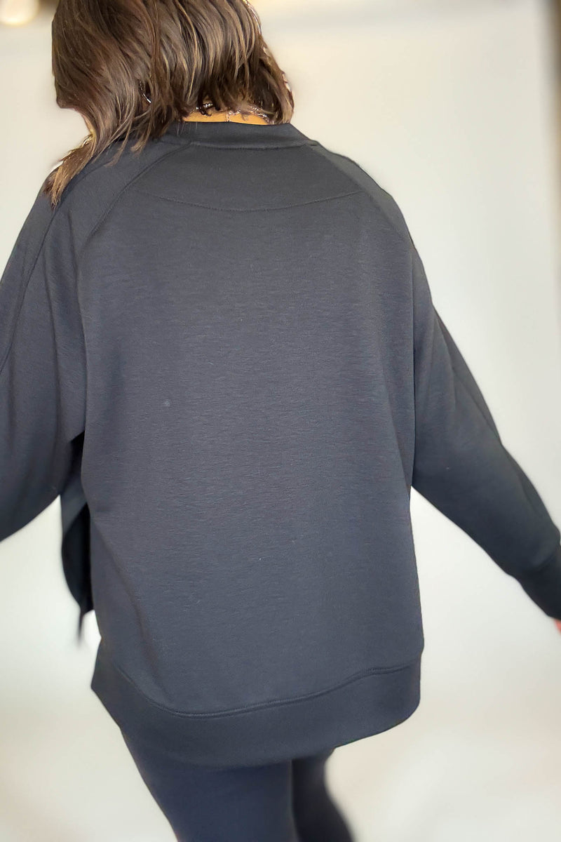 Black Scuba Round Neck Pullover With Side Slits