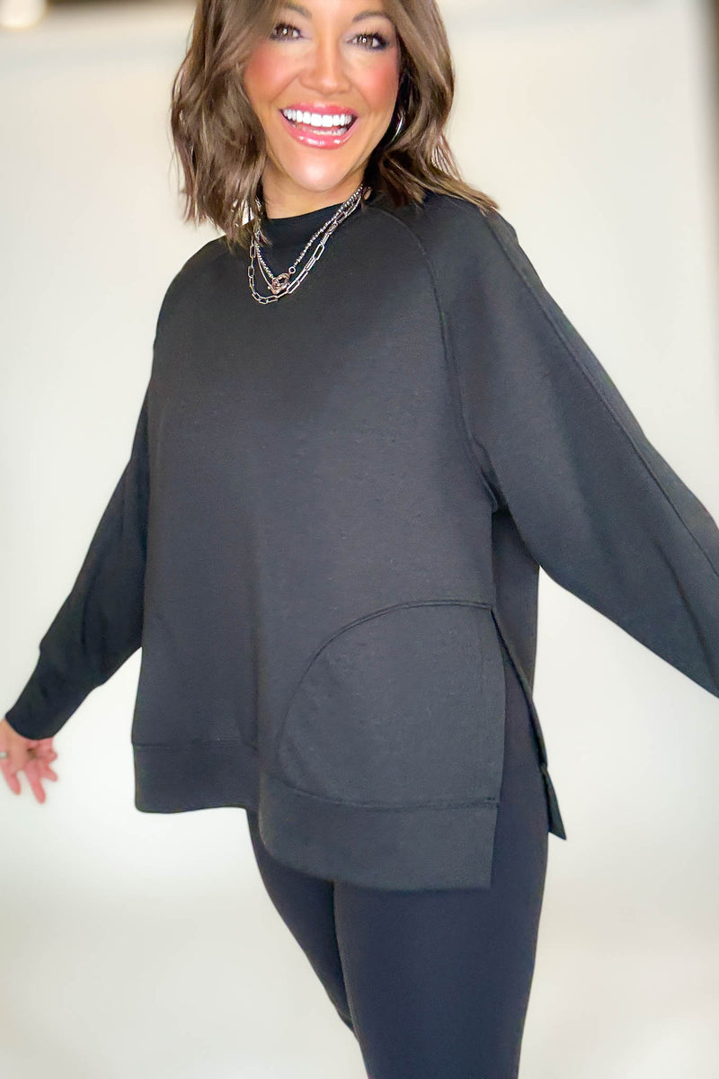 Black Scuba Round Neck Pullover With Side Slits